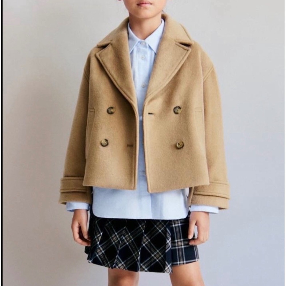 Zara Girls 11-12 Cropped Oversized Wool Blend Double Breasted Peacoat Camel